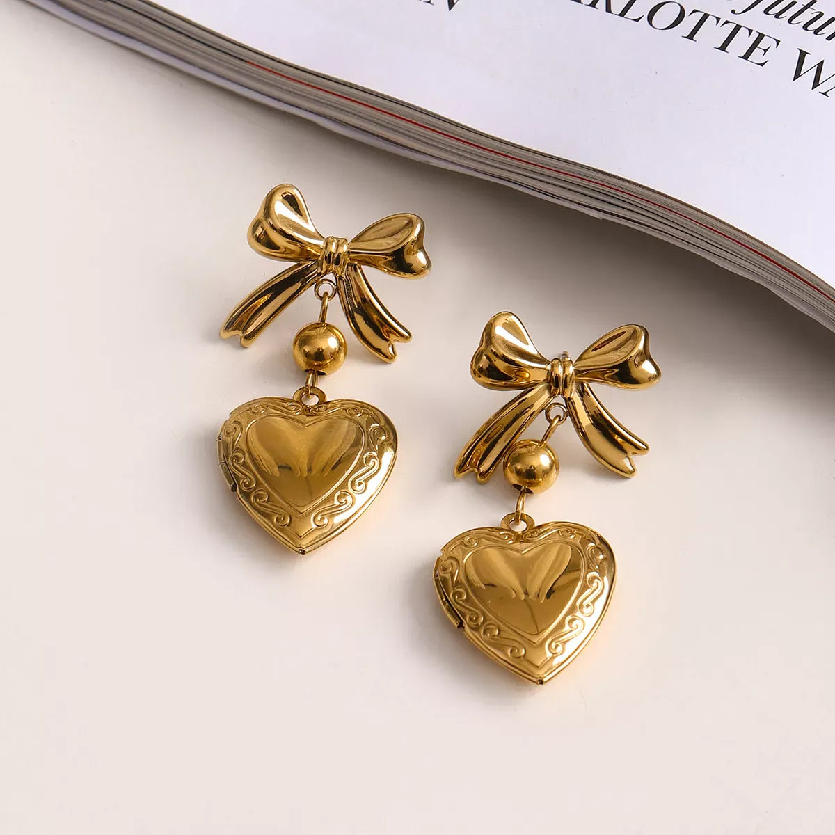 18K Gold-Plated Bow Heart Drop Earrings Gold / One Size The Nichole Collection