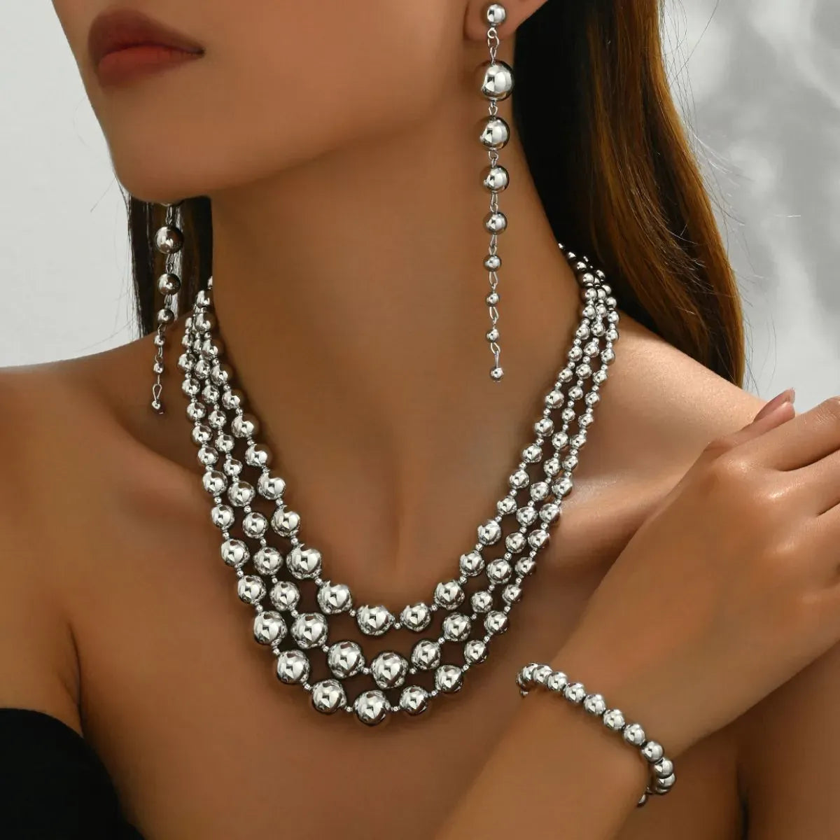 18K Stainless Steel Beaded Multi-Layered Necklace Bracelet Earrings Jewelry Set Silver / One Size The Nichole Collection