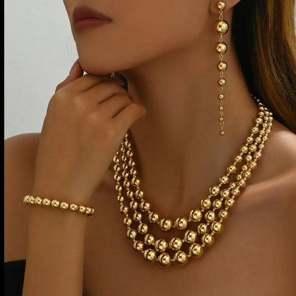 18K Stainless Steel Beaded Multi-Layered Necklace Bracelet Earrings Jewelry Set Gold / One Size The Nichole Collection