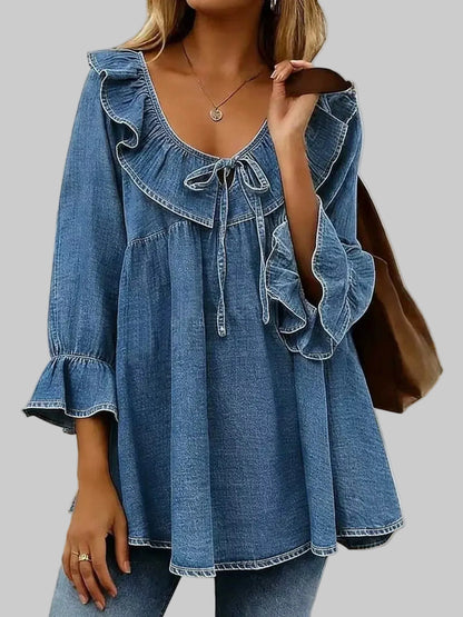 RUFFLED TIE-FRONT DENIM TOP The Nichole Collection - Official Site