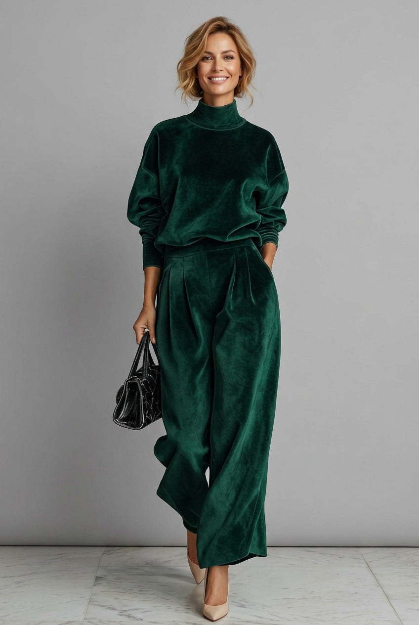 MOCK-NECK VELVET & WIDE-LEG PANTS SET The Nichole Collection - Official Site