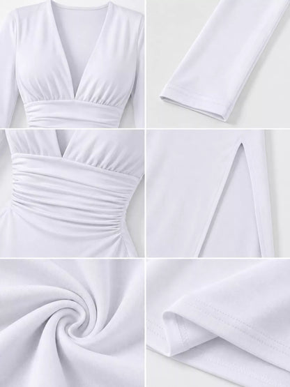 Long-Sleeve Deep V-Neck Ruched High-Slit Bodycon Dress The Nichole Collection - Official Site