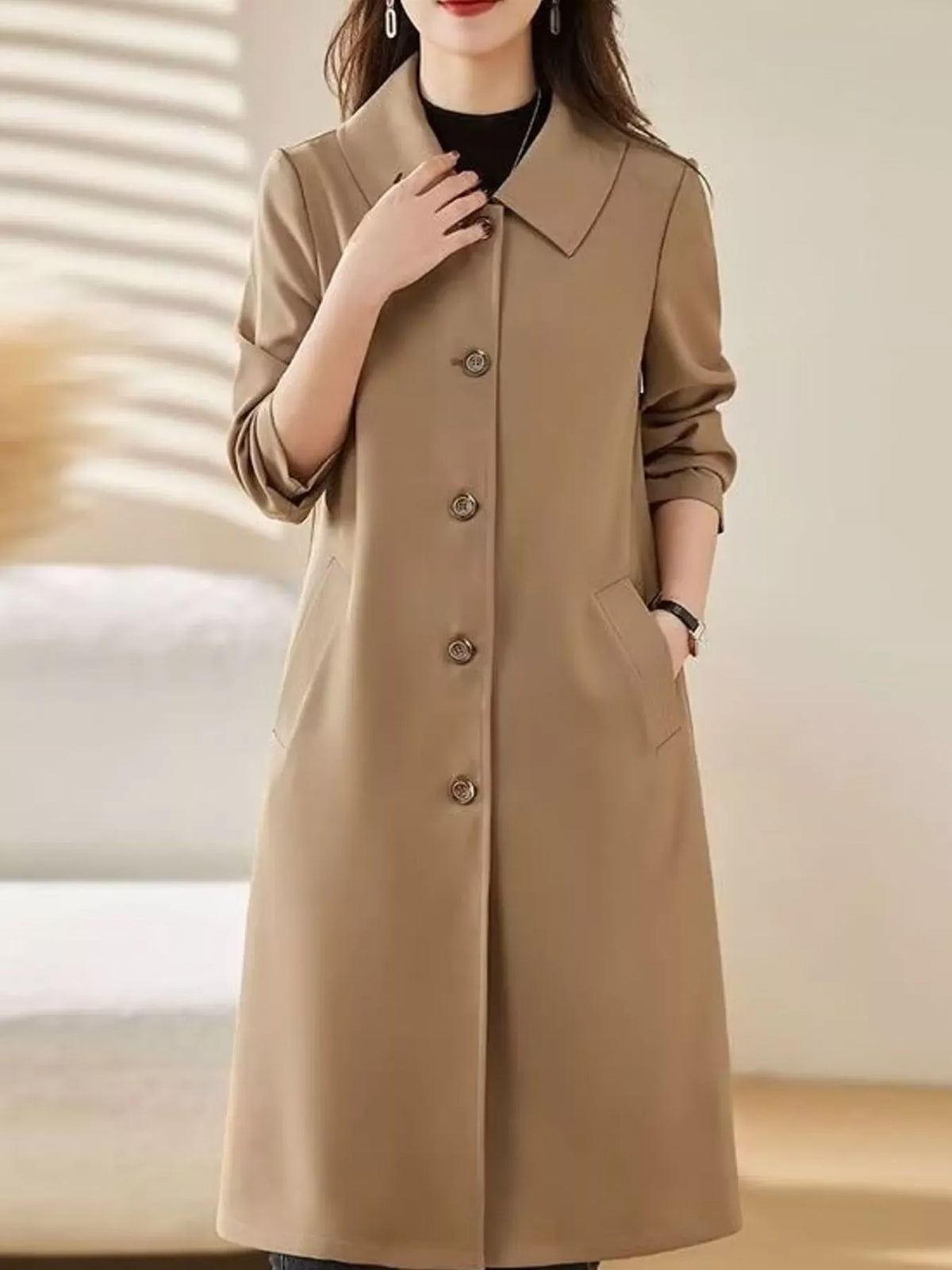 Single-Breasted Button-Front Coat - Camel-Lined / M