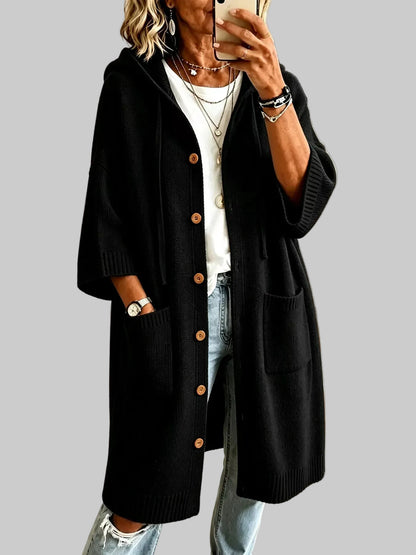 HOODED BUTTON-FRONT KNIT LONG CARDIGAN The Nichole Collection - Official Site