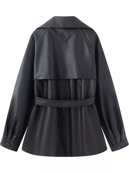 Double-Breasted Vegan Leather Belted Jacket The Nichole Collection