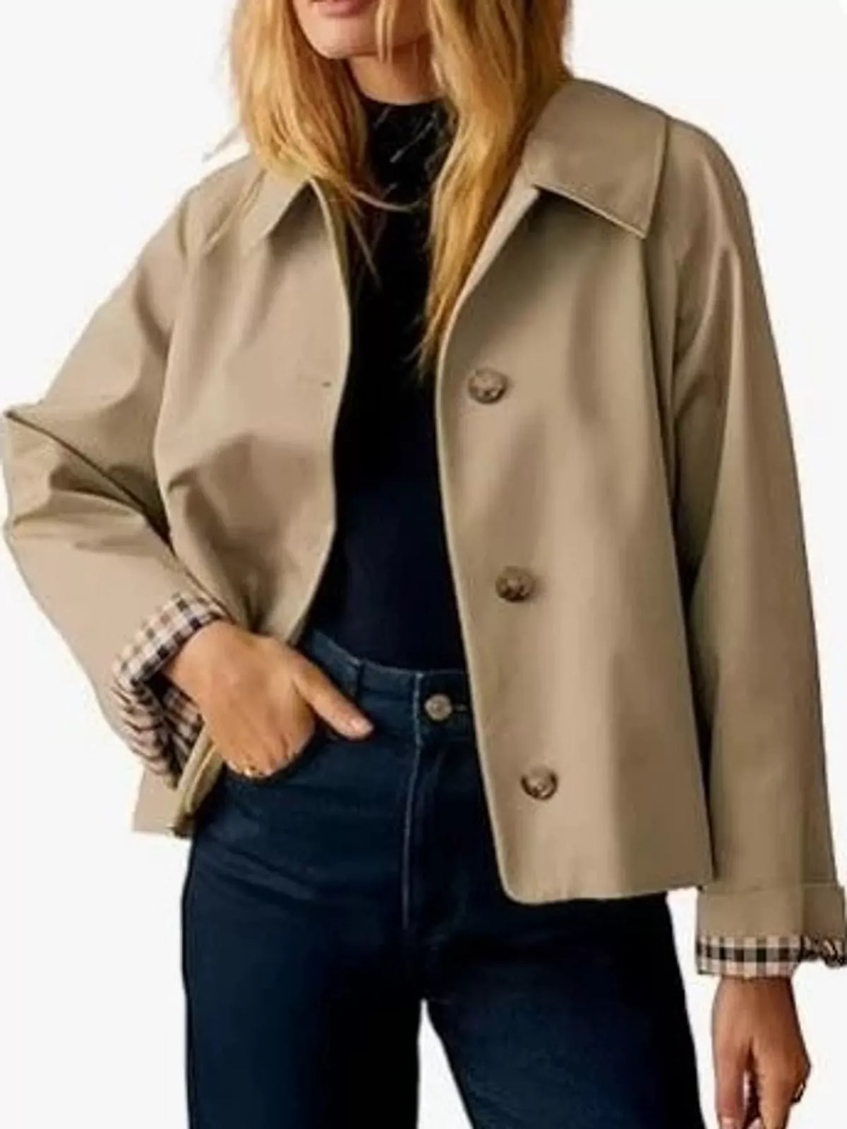 Plaid-Cuff Cropped Trench Jacket The Nichole Collection