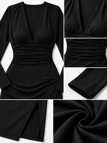 Long-Sleeve Deep V-Neck Ruched High-Slit Bodycon Dress The Nichole Collection - Official Site