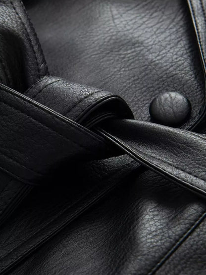 Double-Breasted Vegan Leather Belted Jacket The Nichole Collection