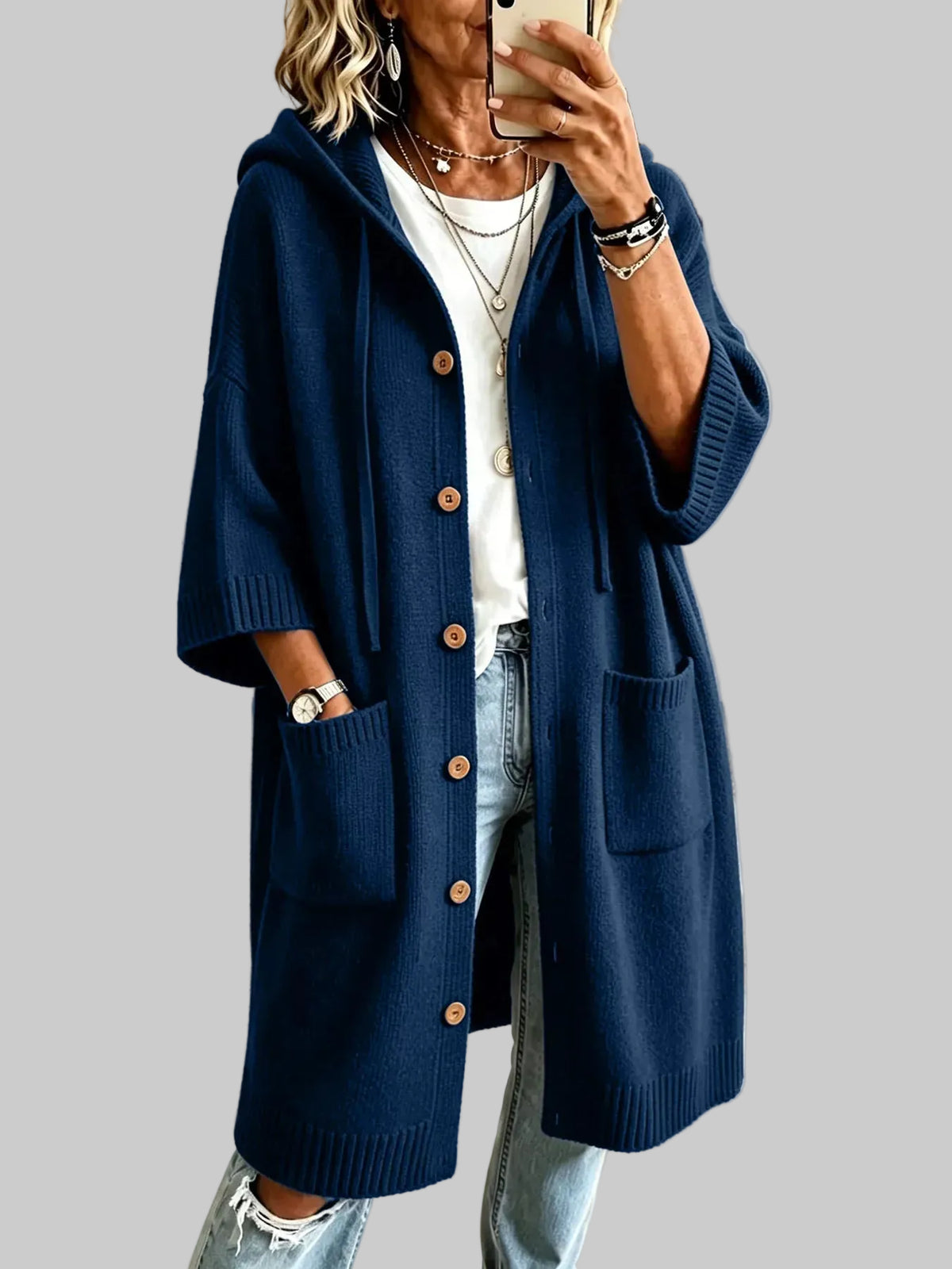 HOODED BUTTON-FRONT KNIT LONG CARDIGAN The Nichole Collection - Official Site