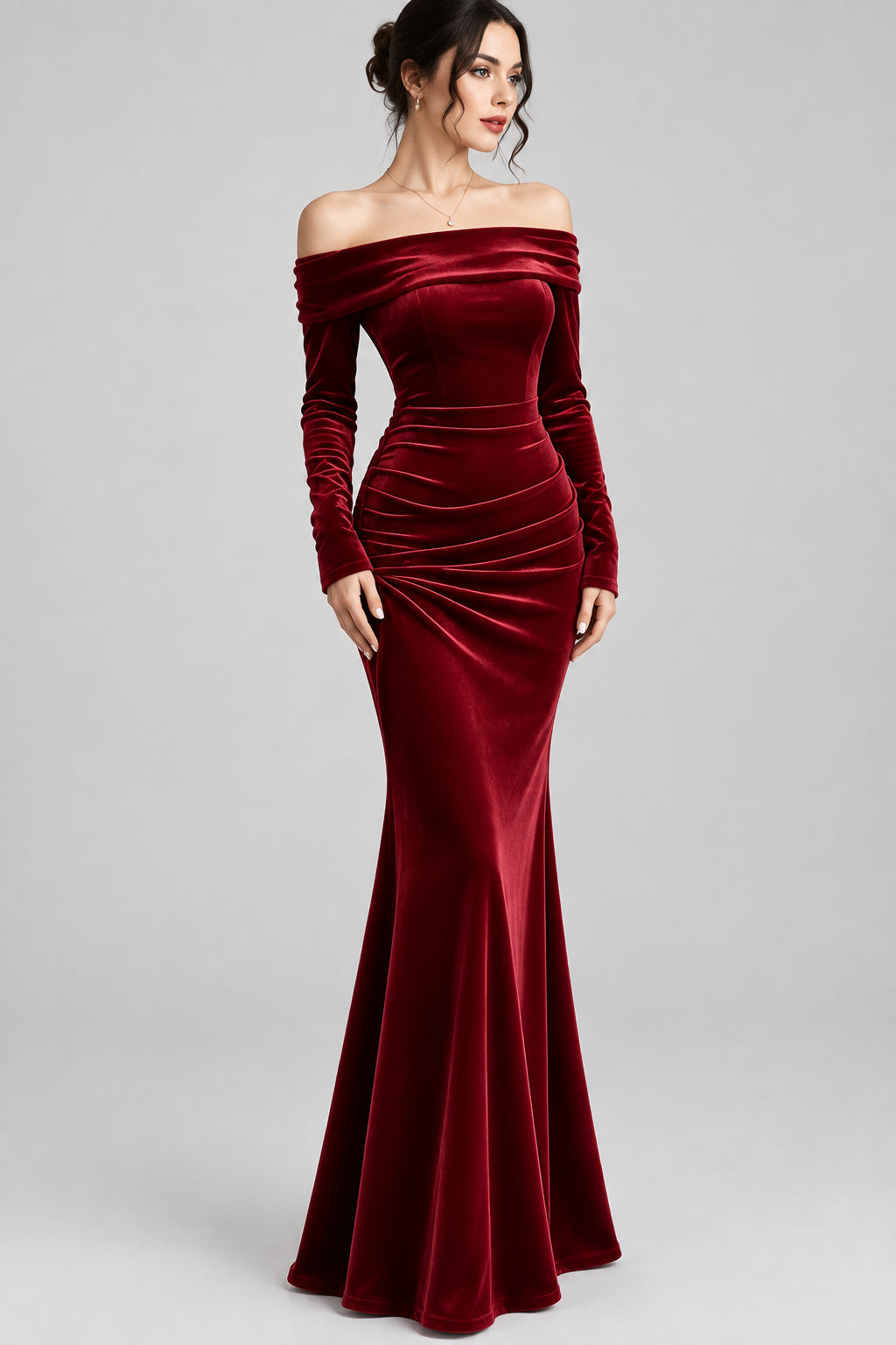 Off-Shoulder Ruched Velvet Mermaid Maxi Dress The Nichole Collection - Official Site