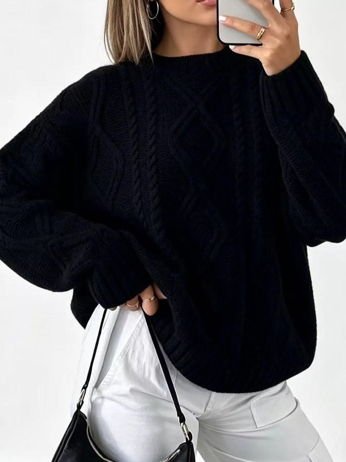 Cable-Knit Round-Neck Sweater The Nichole Collection