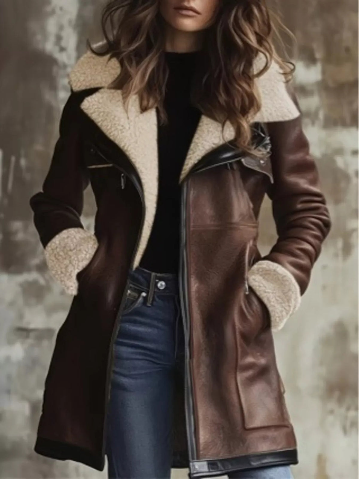 Faux-Leather Aviator Coat with Sherpa Trim The Nichole Collection
