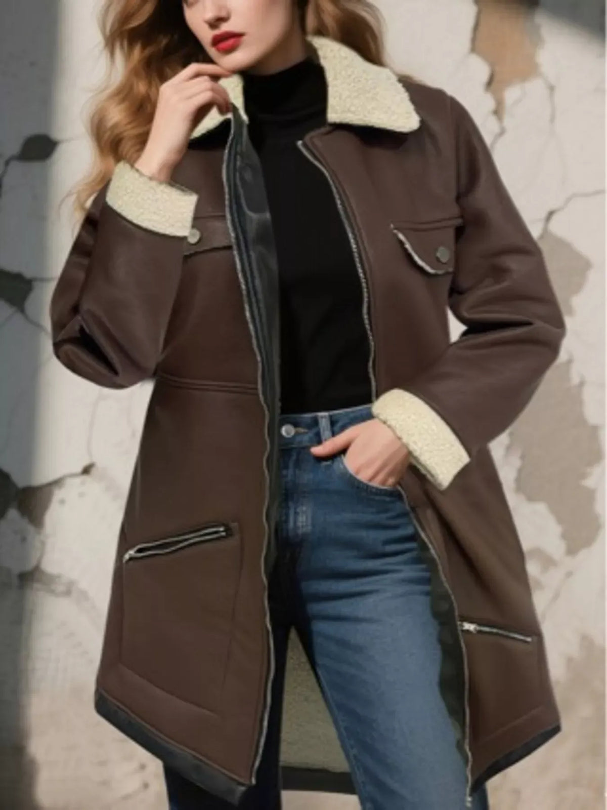Faux-Leather Aviator Coat with Sherpa Trim The Nichole Collection