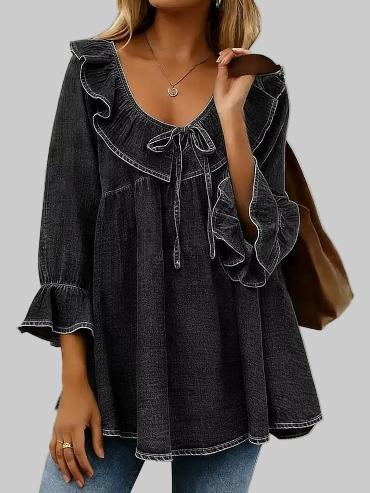 RUFFLED TIE-FRONT DENIM TOP The Nichole Collection - Official Site