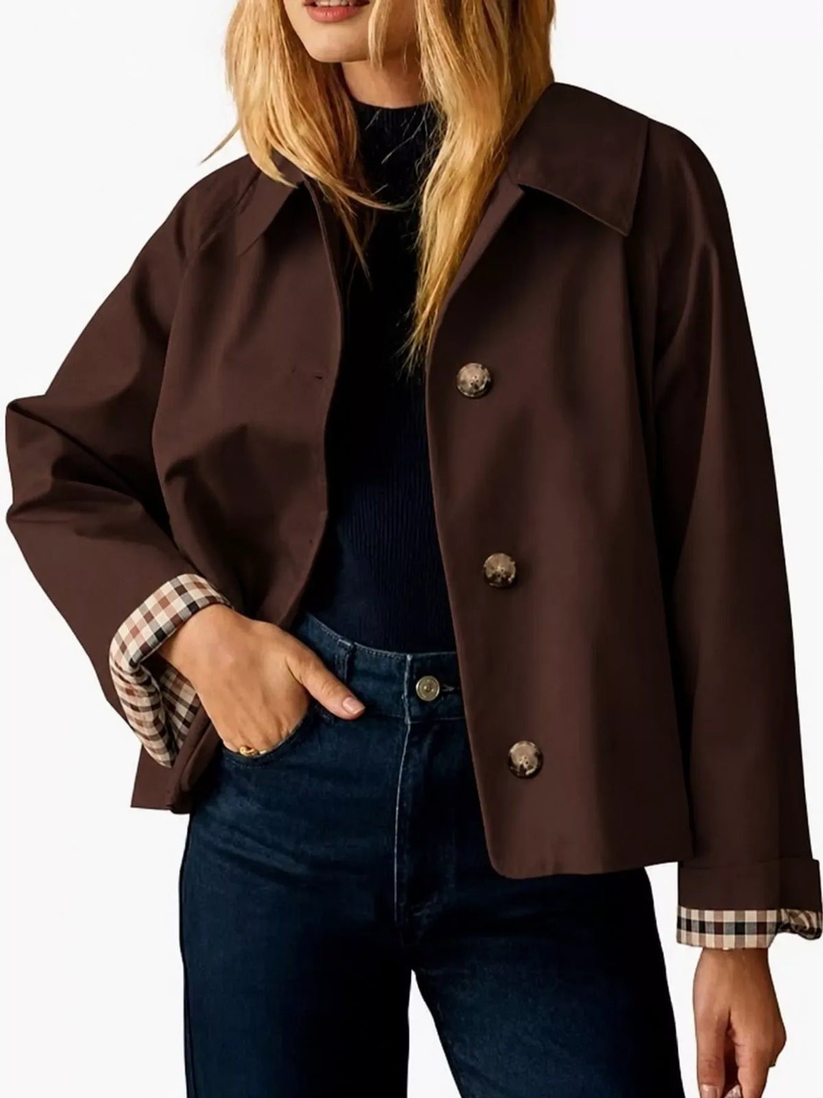 Plaid-Cuff Cropped Trench Jacket The Nichole Collection