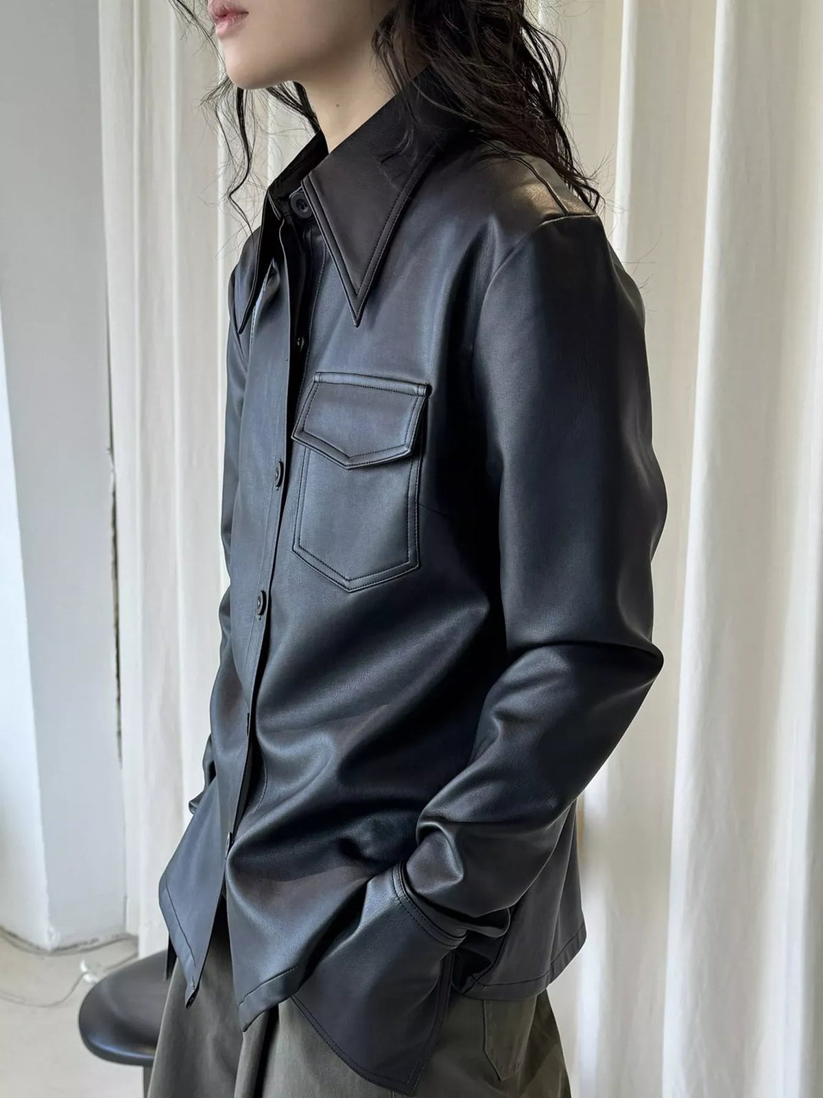 Point-Collar Faux-Leather Shacket The Nichole Collection