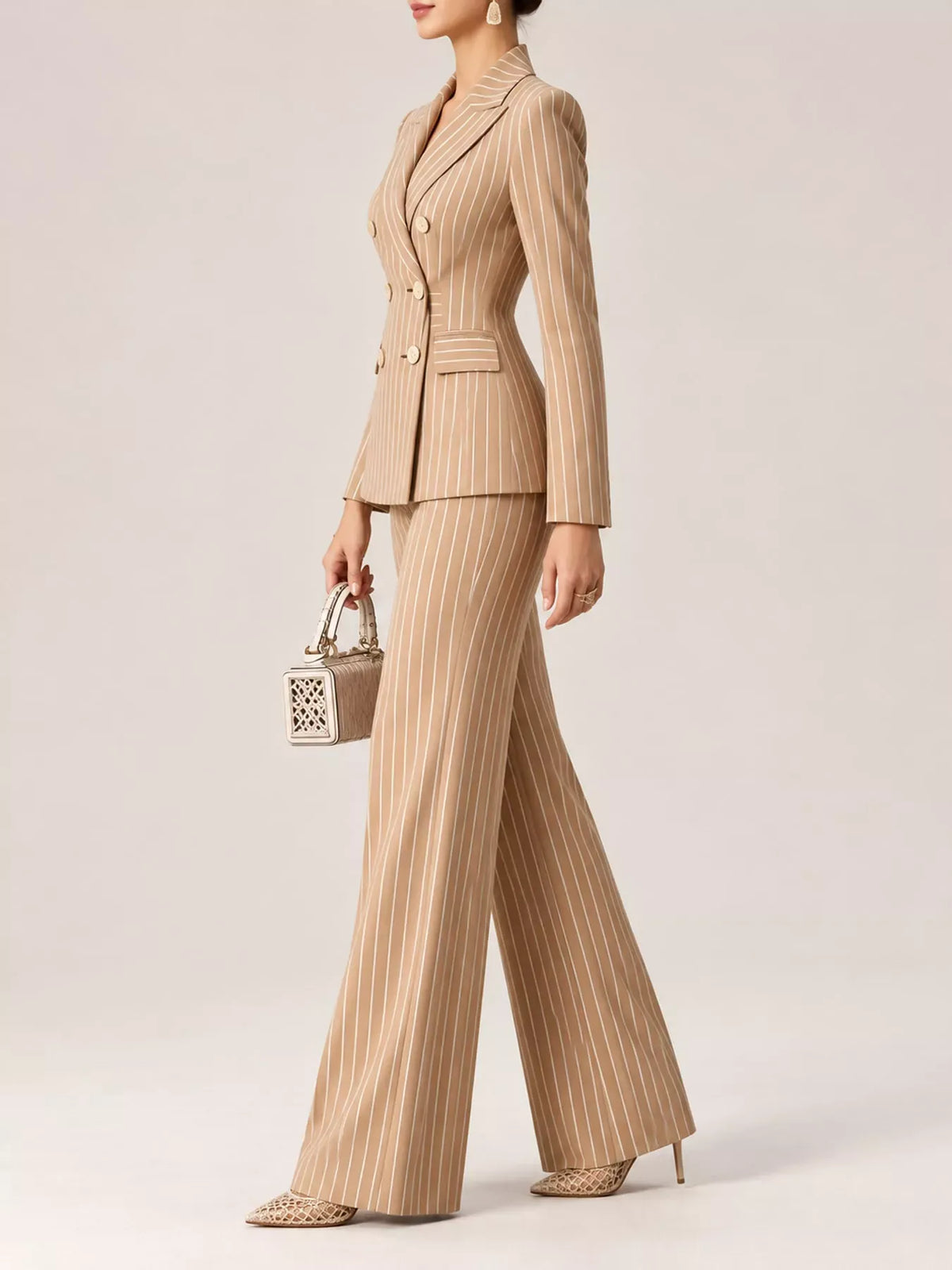 Double-Breasted Pinstripe Blazer and Wide-Leg Pants Set The Nicole Collection