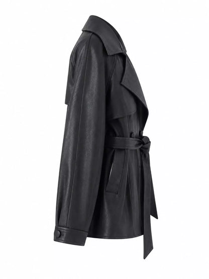Double-Breasted Vegan Leather Belted Jacket The Nichole Collection