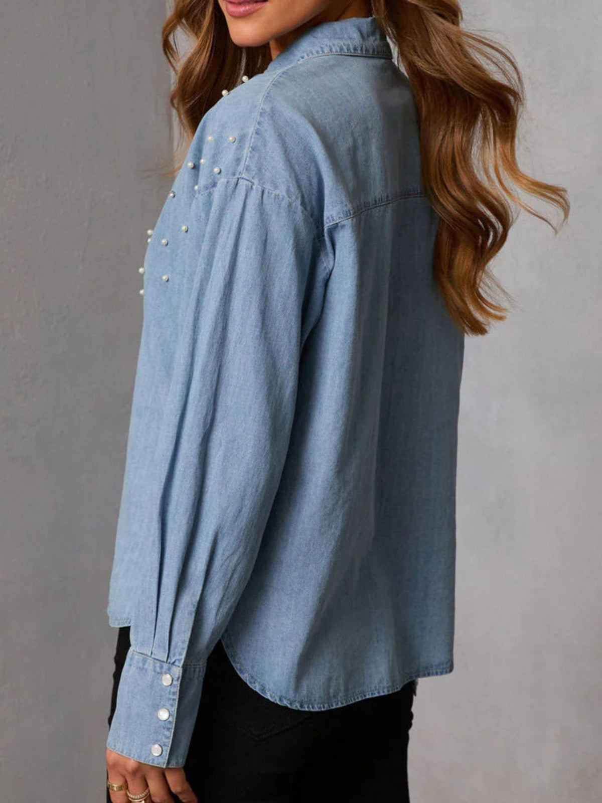 Pearl-Embellished Button-Up Denim Shirt The Nichole Collection