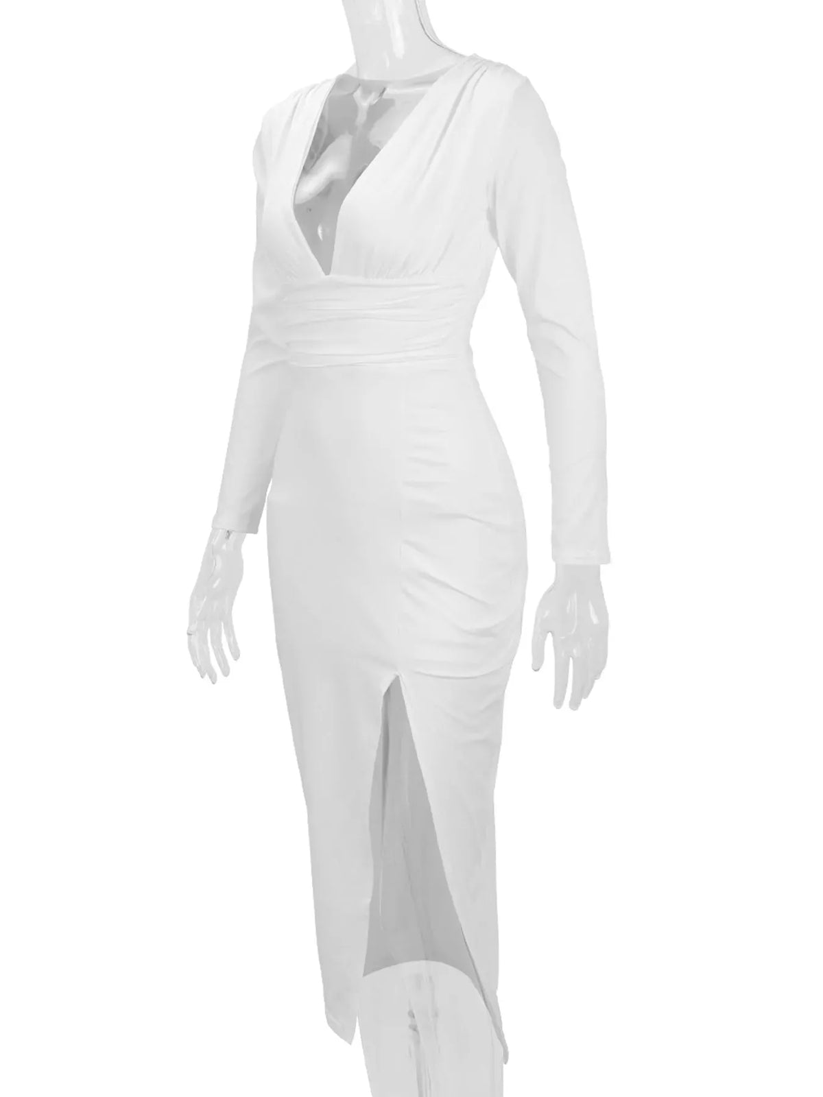 Long-Sleeve Deep V-Neck Ruched High-Slit Bodycon Dress The Nichole Collection - Official Site