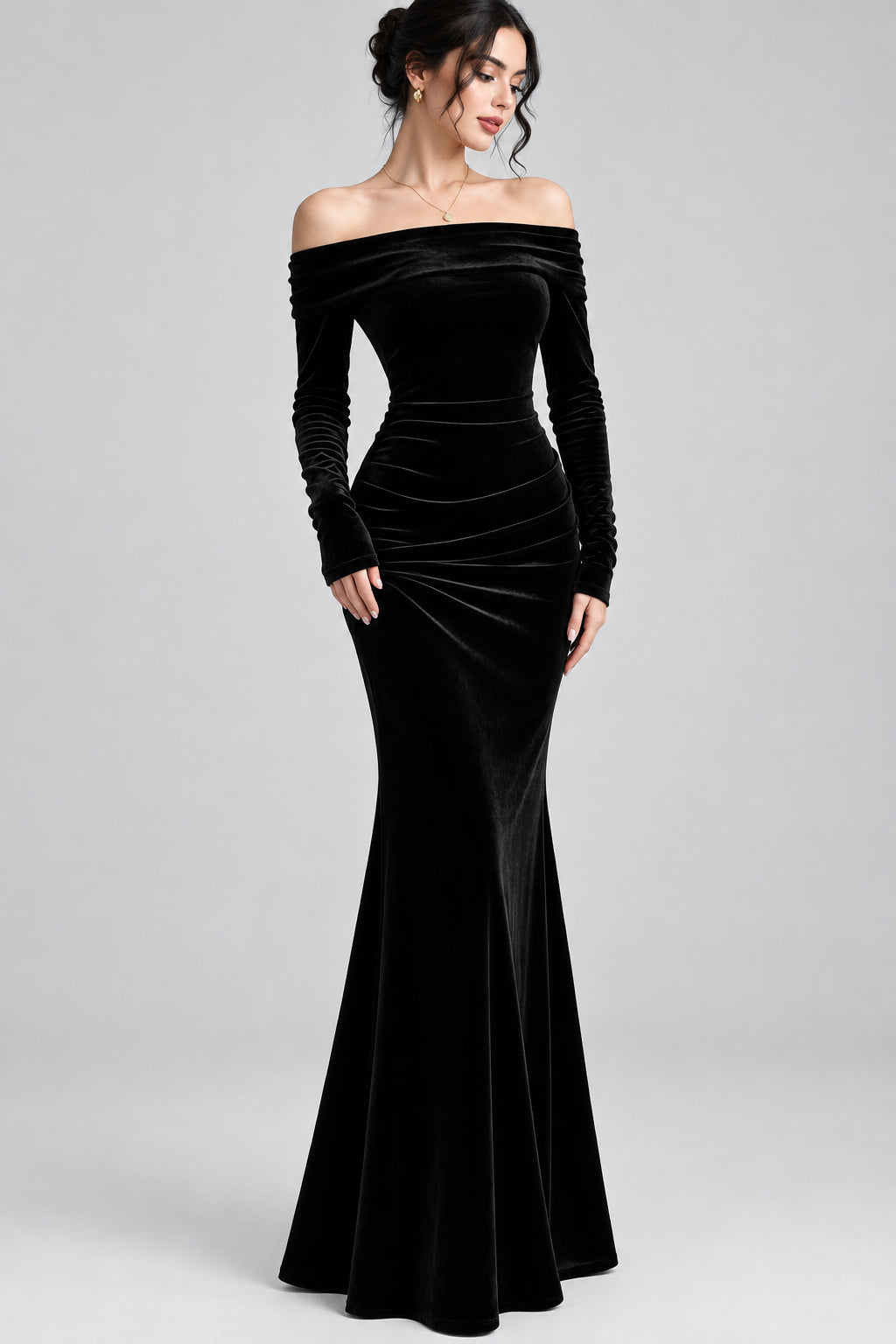 Off-Shoulder Ruched Velvet Mermaid Maxi Dress The Nichole Collection - Official Site
