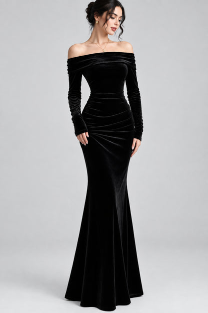 Off-Shoulder Ruched Velvet Mermaid Maxi Dress The Nichole Collection - Official Site