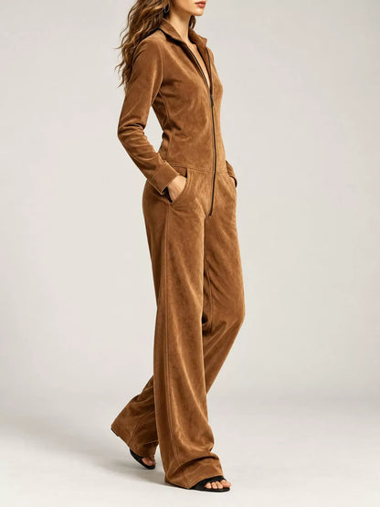 Velour Zip-Up Jumpsuit with Pockets The Nichole Collection