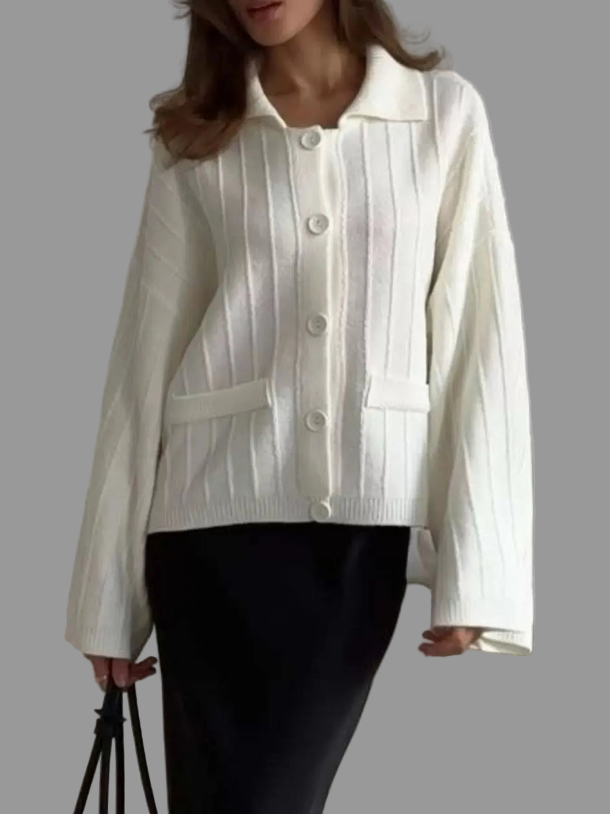 Textured Knit Wide-Sleeve Collared Cardigan The Nichole Collection