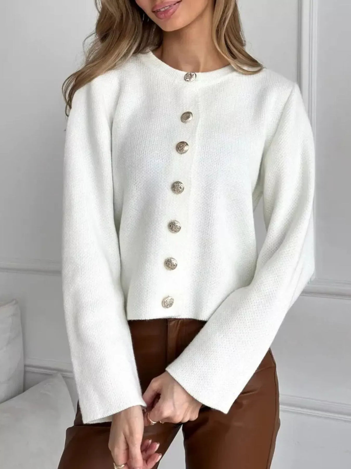 Decorative-Button Crew-Neck Knit Cardigan The Nichole Collection - Official Site