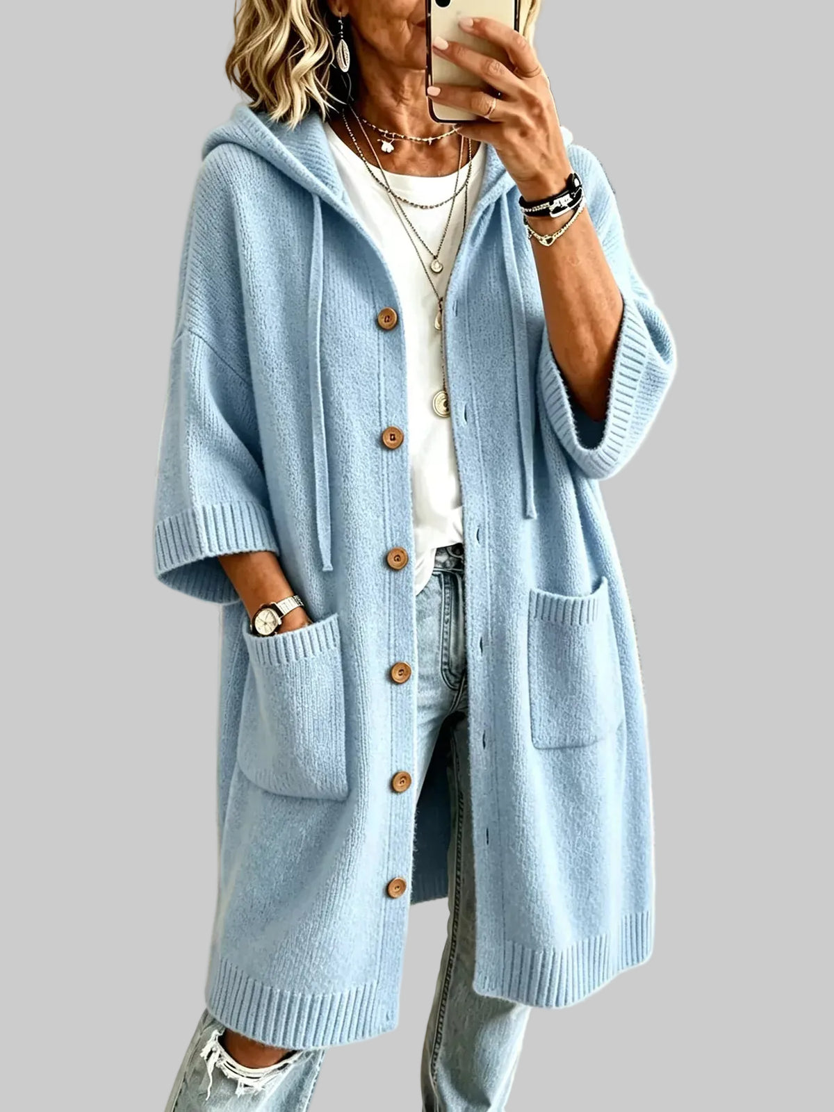 HOODED BUTTON-FRONT KNIT LONG CARDIGAN The Nichole Collection - Official Site