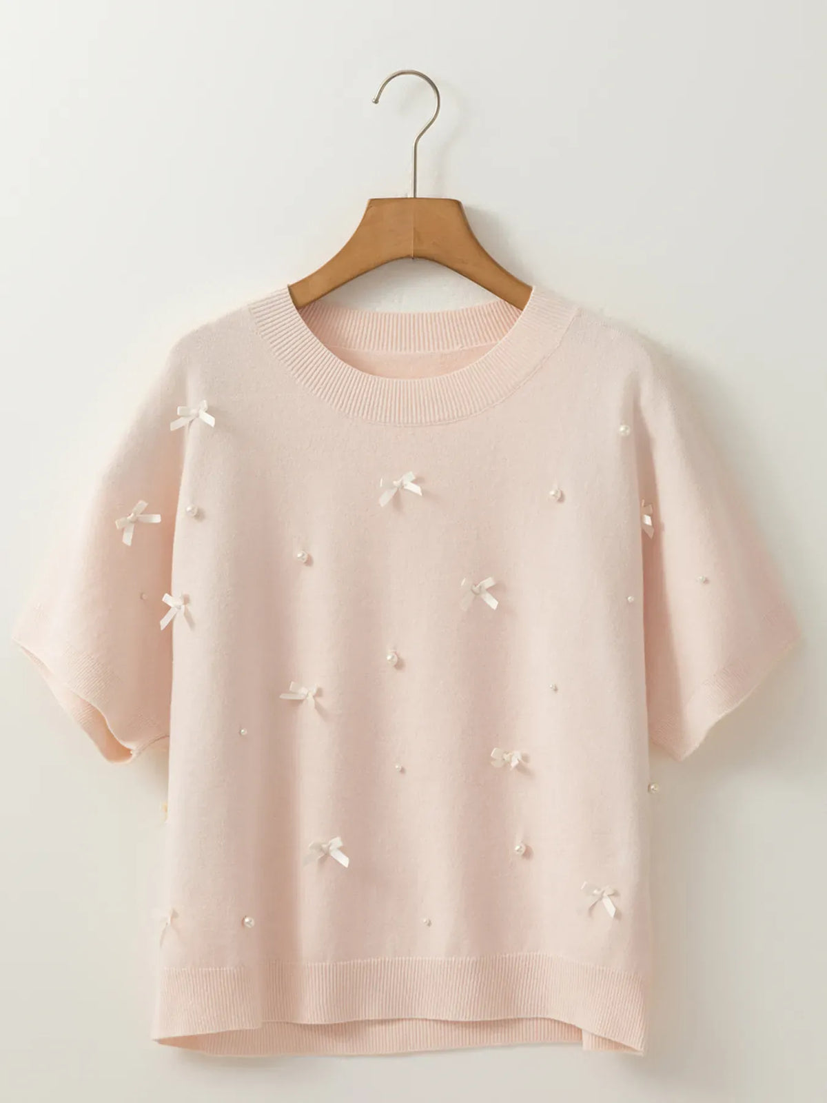 Pearl-Embellished Bow-Detail Short-Sleeve Sweater The Nichole Collection