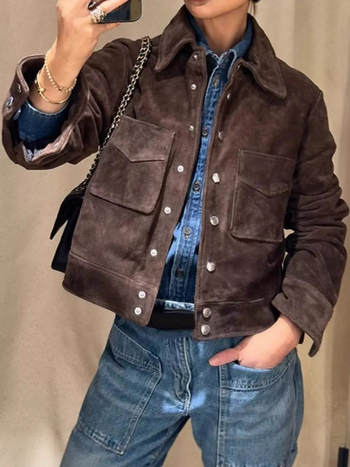 Suede Jacket with Silver-Tone Hardware The Nichole Collection