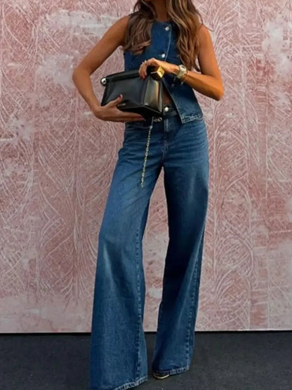 Button-Down Vest and Flare Jeans Two-Piece Denim Set - Last Call