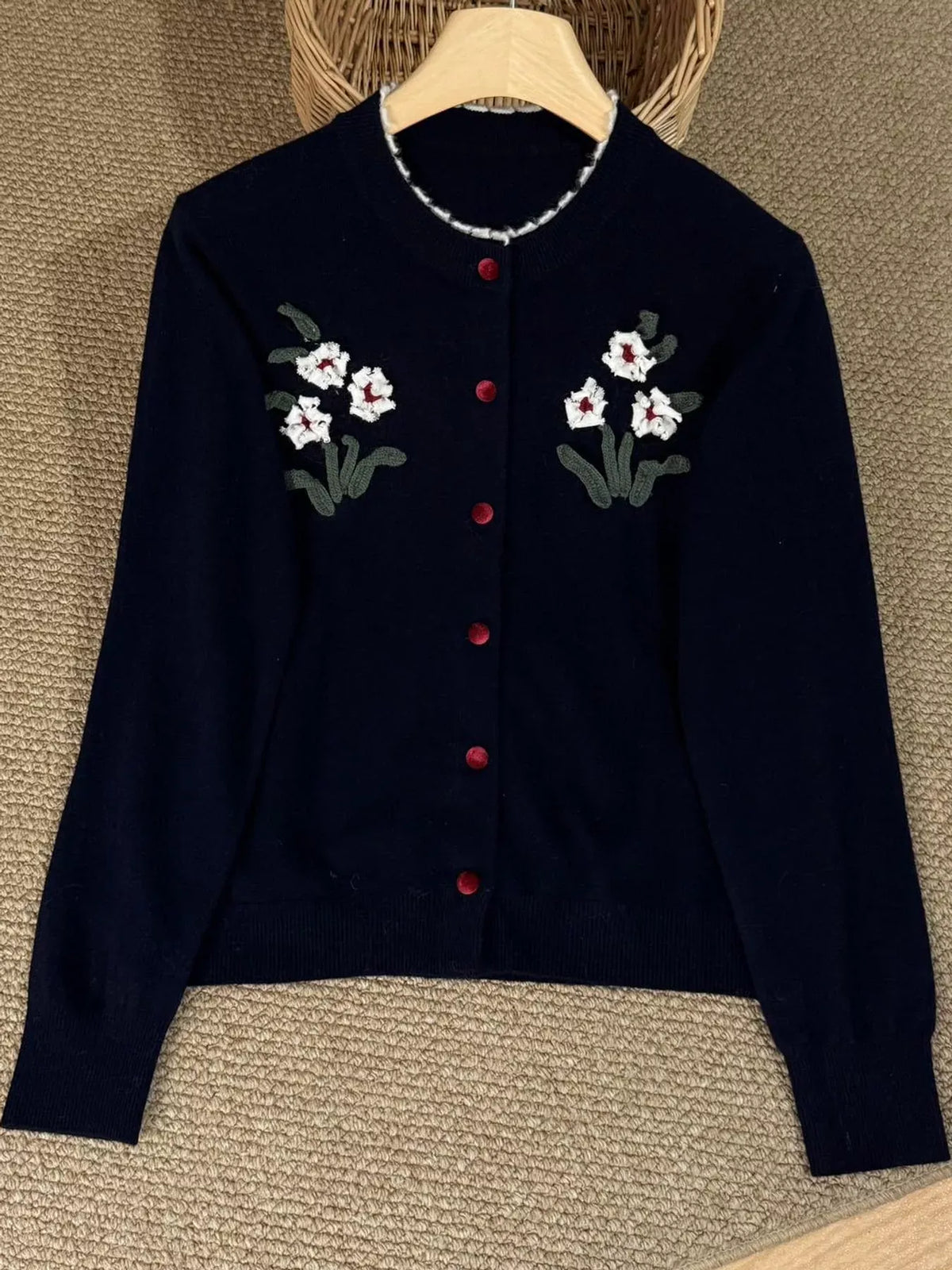 Genevieve Hand-Embroidered Pure Wool Cardigan The Nichole Collection