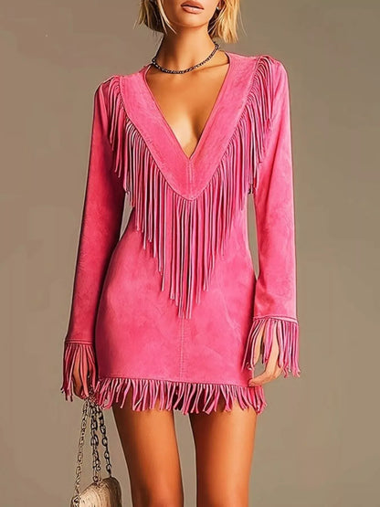 Suede-Look Fringe V-Neck Mini Dress The Nichole Collection - Official Site