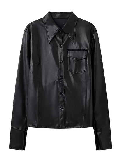 Point-Collar Faux-Leather Shacket The Nichole Collection