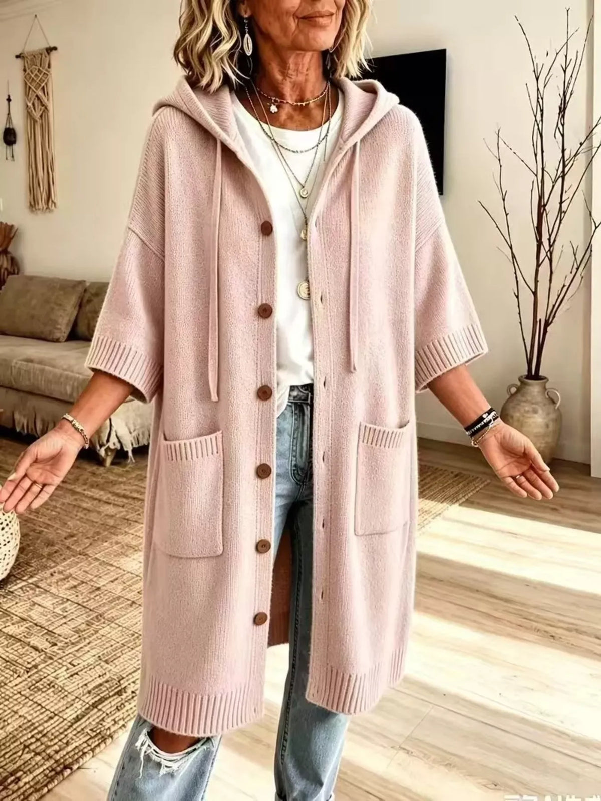 HOODED BUTTON-FRONT KNIT LONG CARDIGAN The Nichole Collection - Official Site