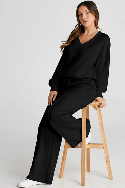 V-Neck Long-Sleeve Top and Pants Active Set - Black / S