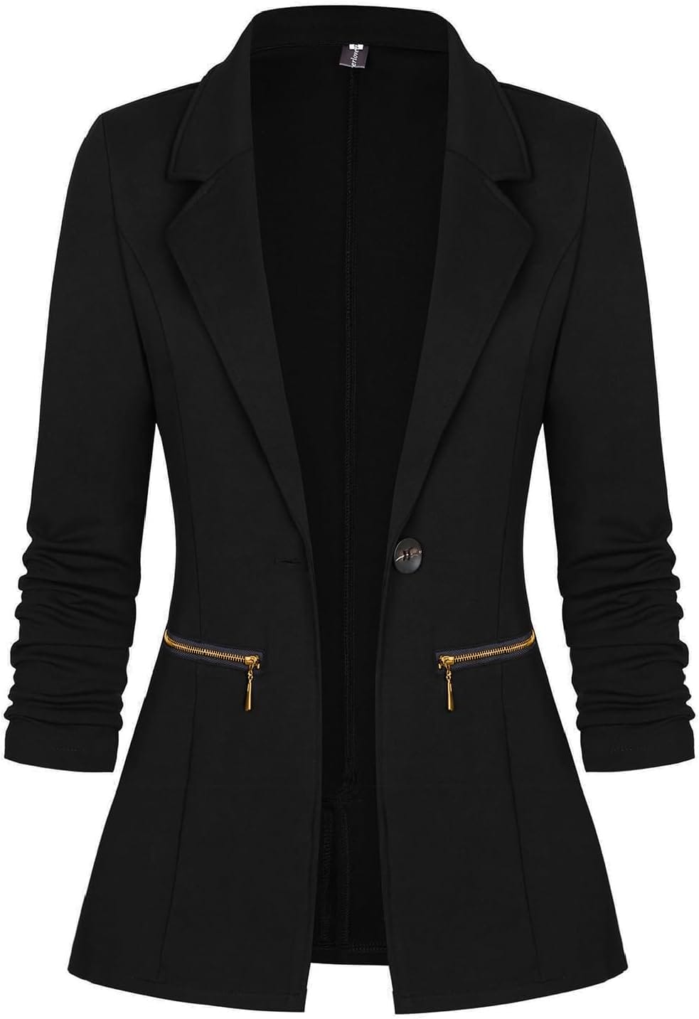 Long Sleeve Open Front Blazer with Gold Zipper Pockets