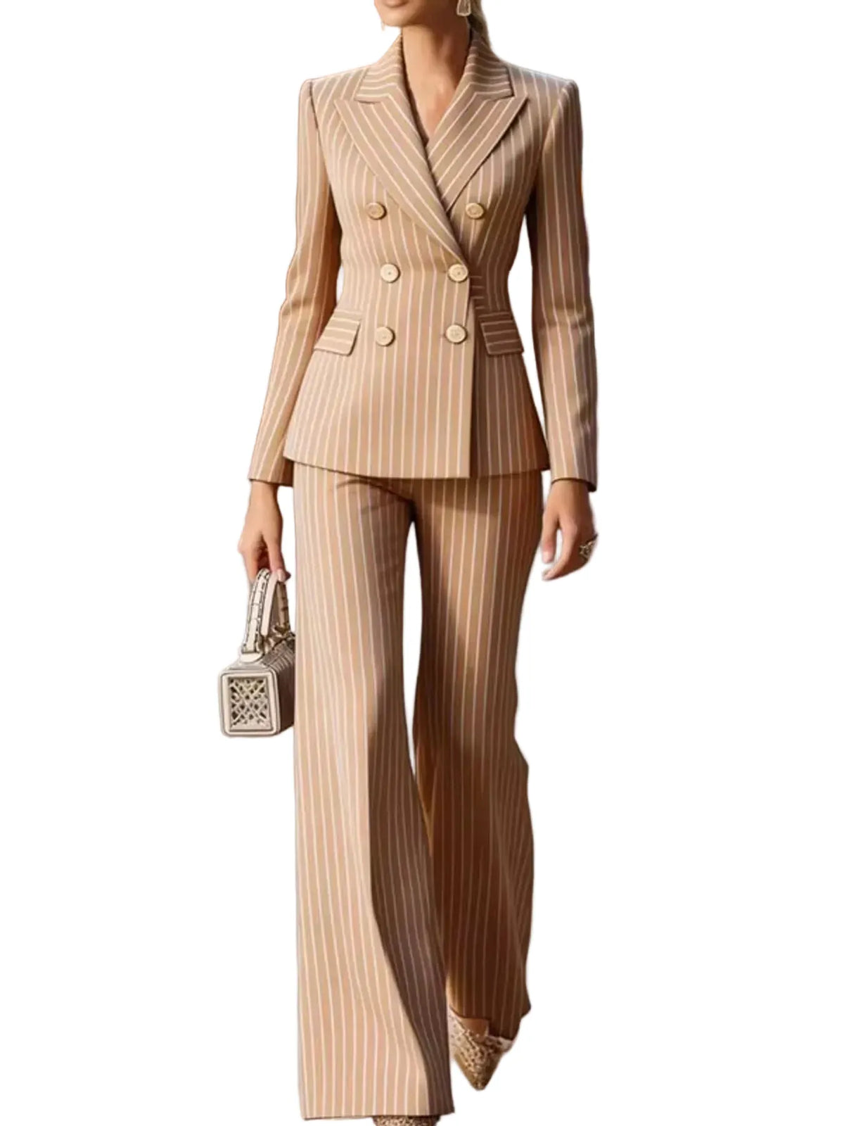 Double-Breasted Pinstripe Blazer and Wide-Leg Pants Set The Nicole Collection