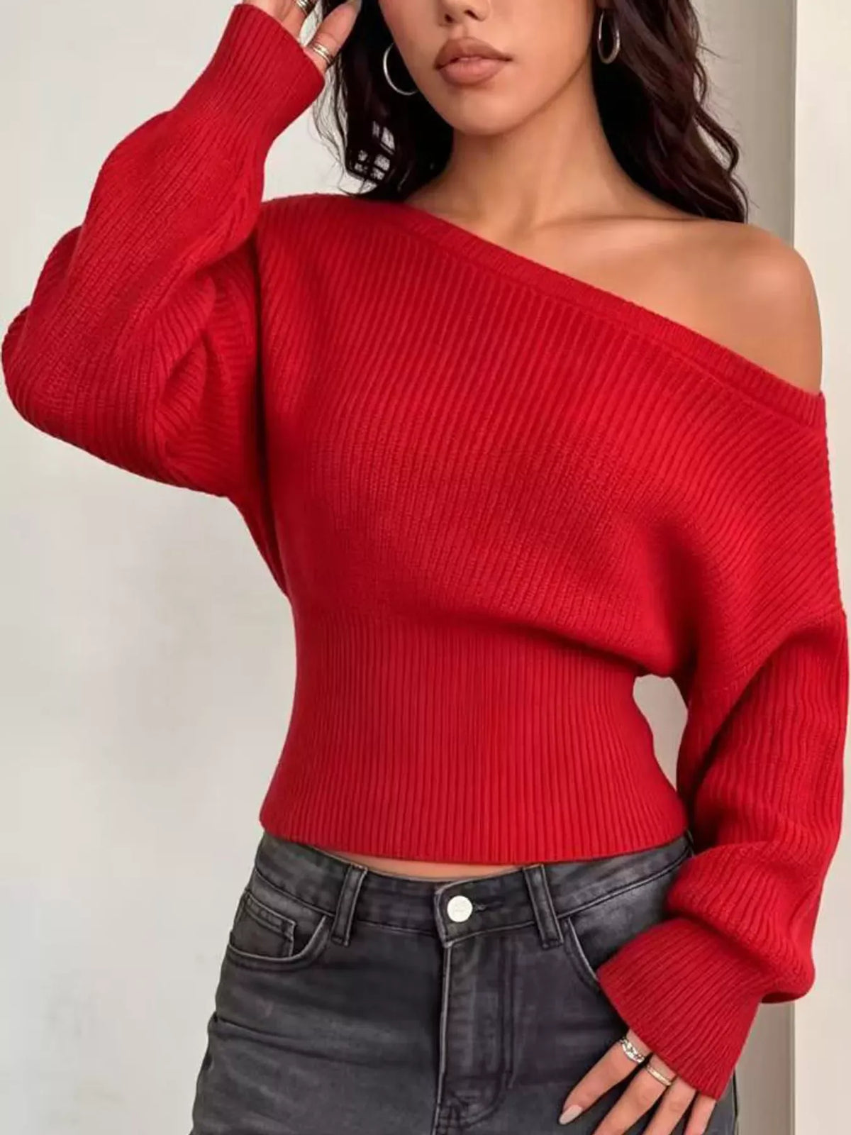 One-Shoulder Ribbed Knit Sweater The Nichole Collection