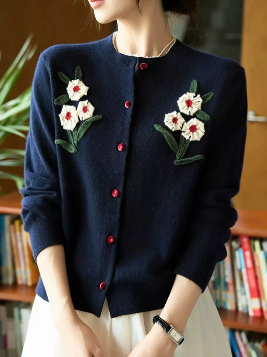 Genevieve Hand-Embroidered Pure Wool Cardigan The Nichole Collection