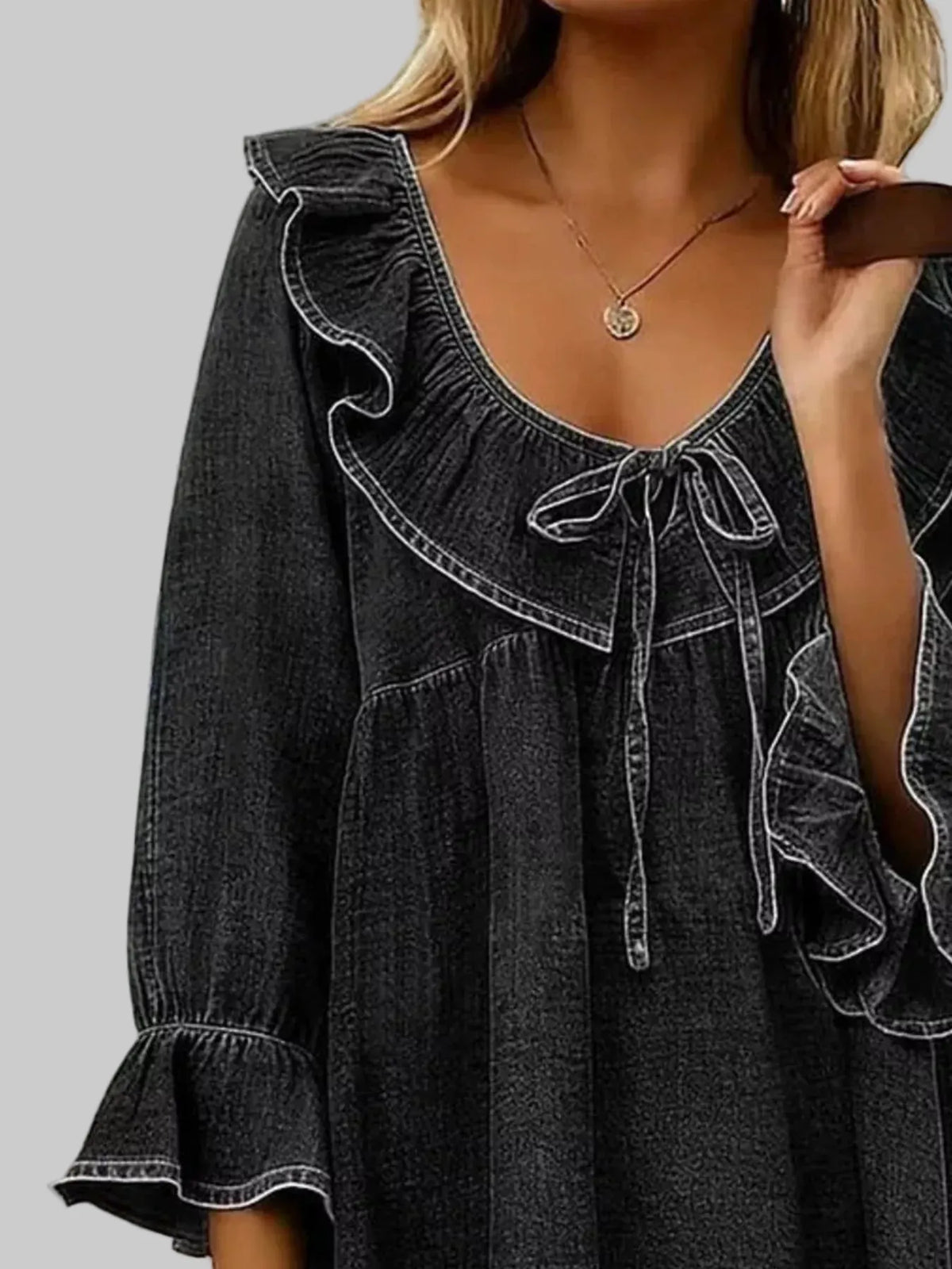 RUFFLED TIE-FRONT DENIM TOP The Nichole Collection - Official Site