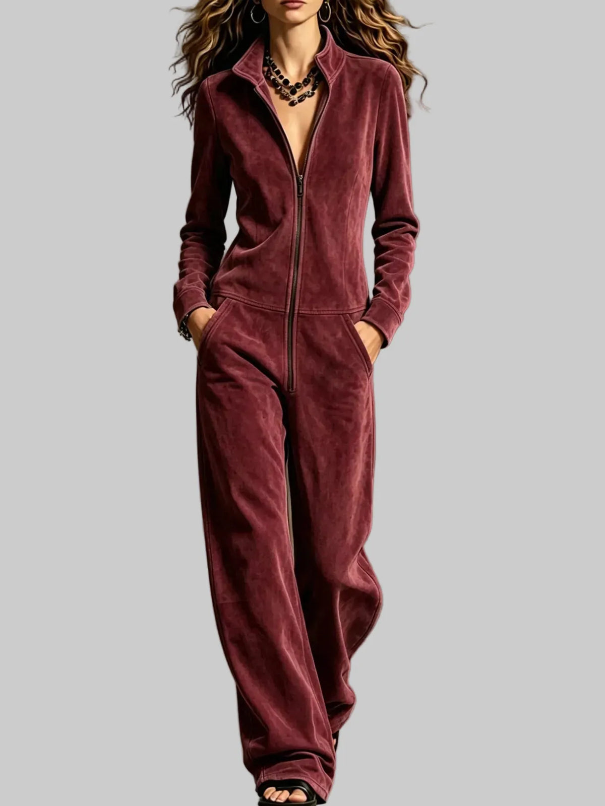 Velour Zip-Up Jumpsuit with Pockets The Nichole Collection