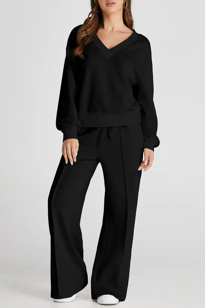 V-Neck Long-Sleeve Top and Pants Active Set - Black / S
