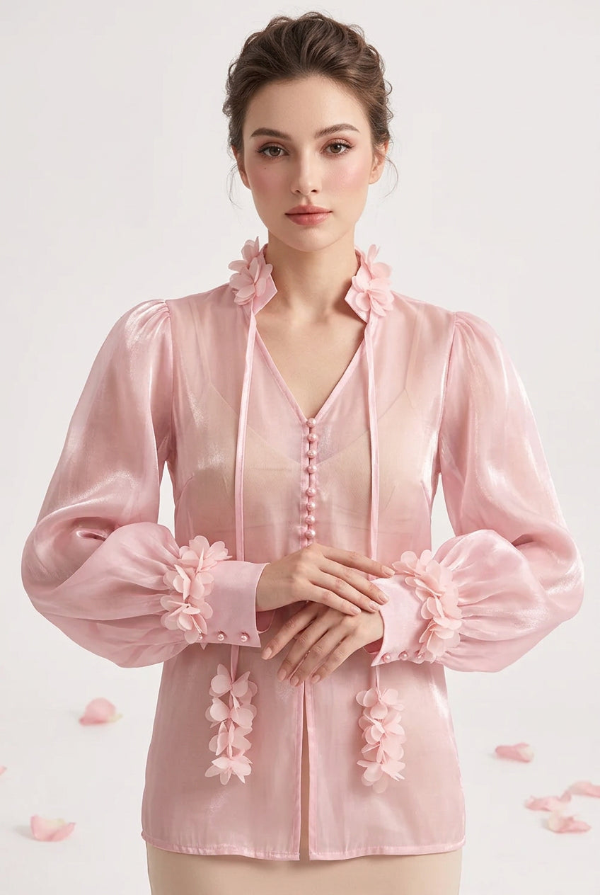 Sheer Floral-Embellished Shirt The Nichole Collection
