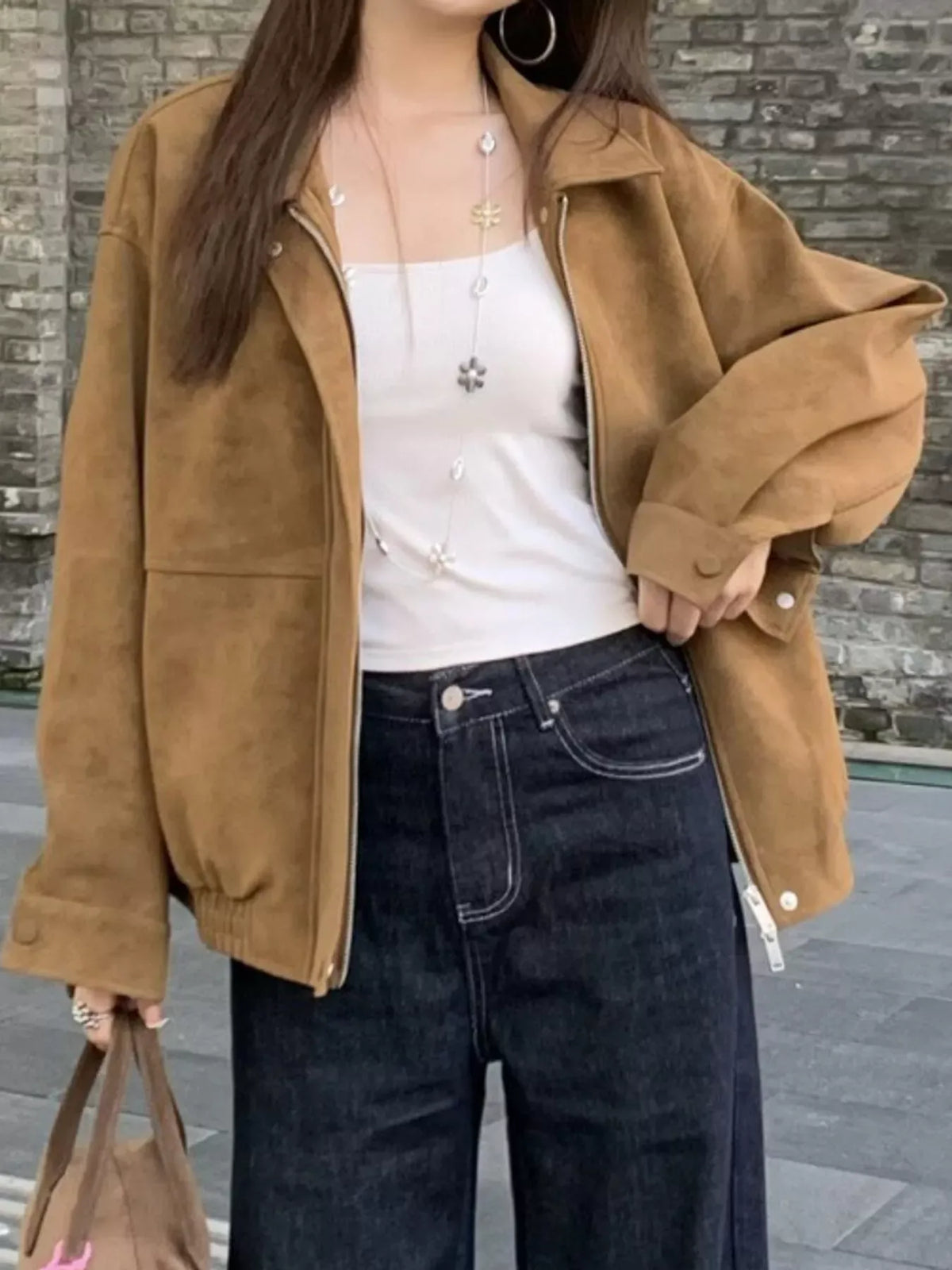 Zip-Up Elastic-Hem Sude Bomber Jacket The Nichole Collection