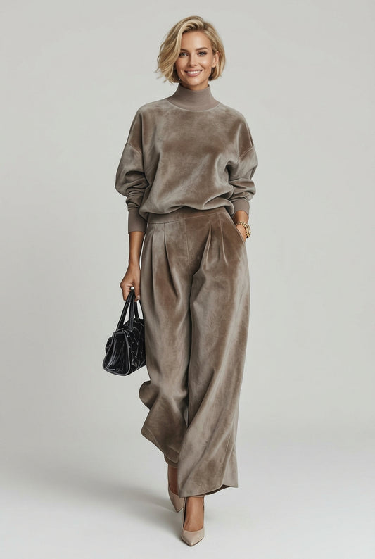 MOCK-NECK VELVET & WIDE-LEG PANTS SET The Nichole Collection - Official Site