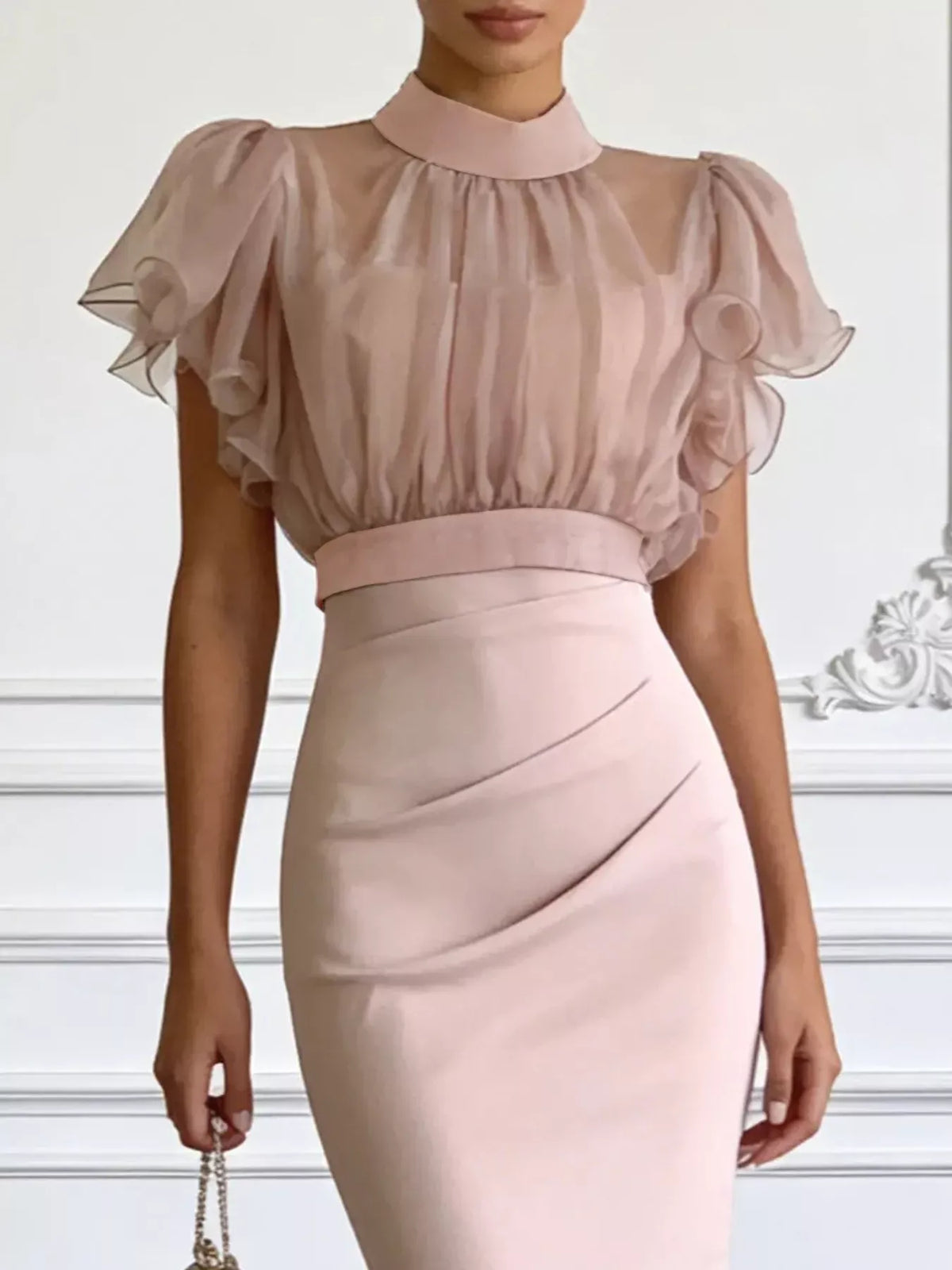 Sheer Mesh Ruffle-Sleeve Midi Dress The Nichole Collection - Official Site