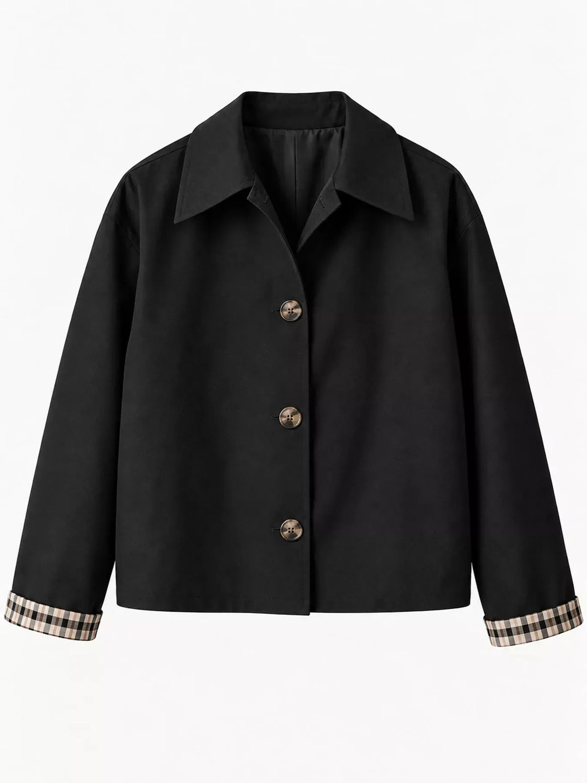 Plaid-Cuff Cropped Trench Jacket The Nichole Collection